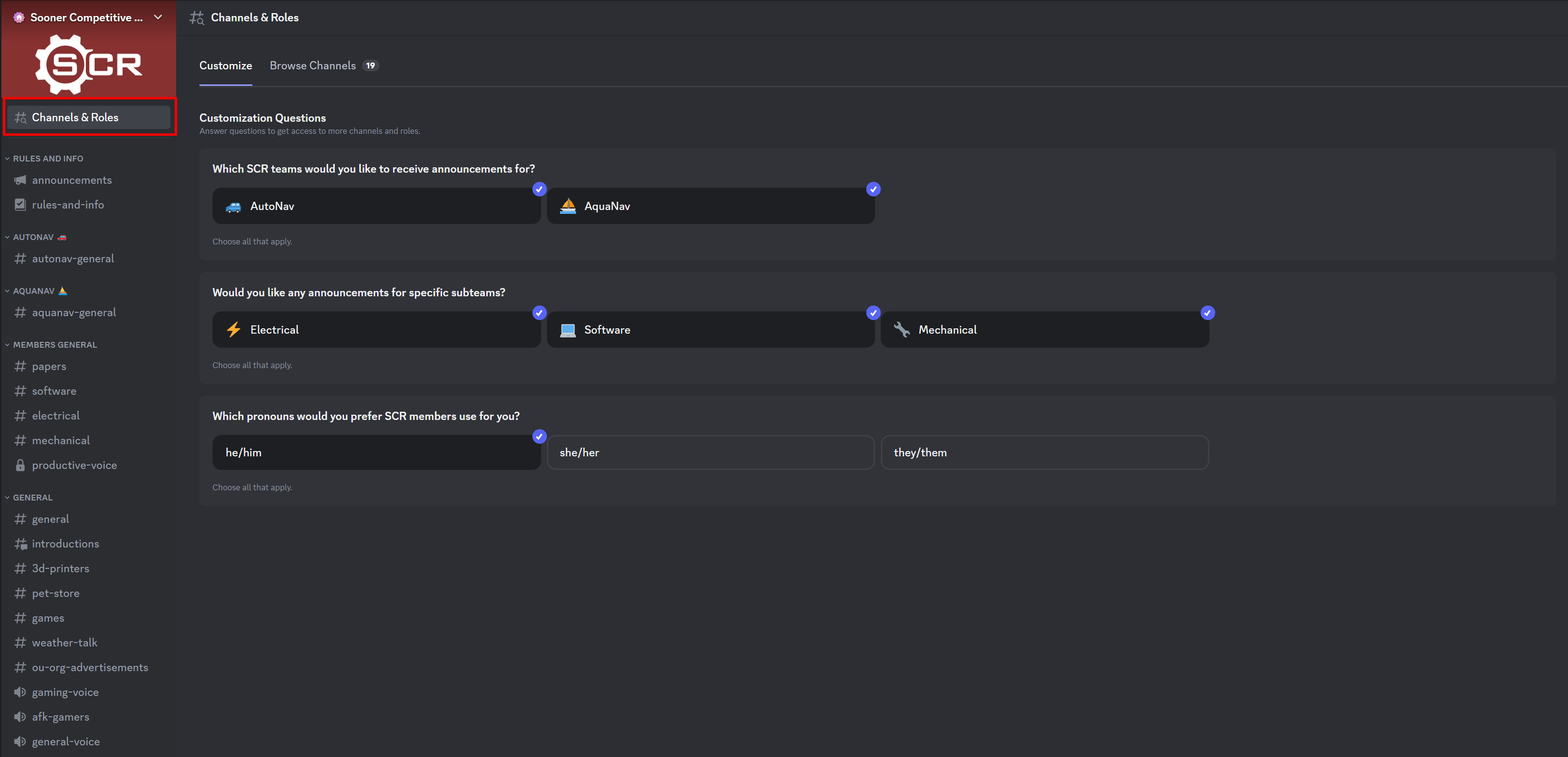 The Discord student hub view, fitlered to show our Discord server