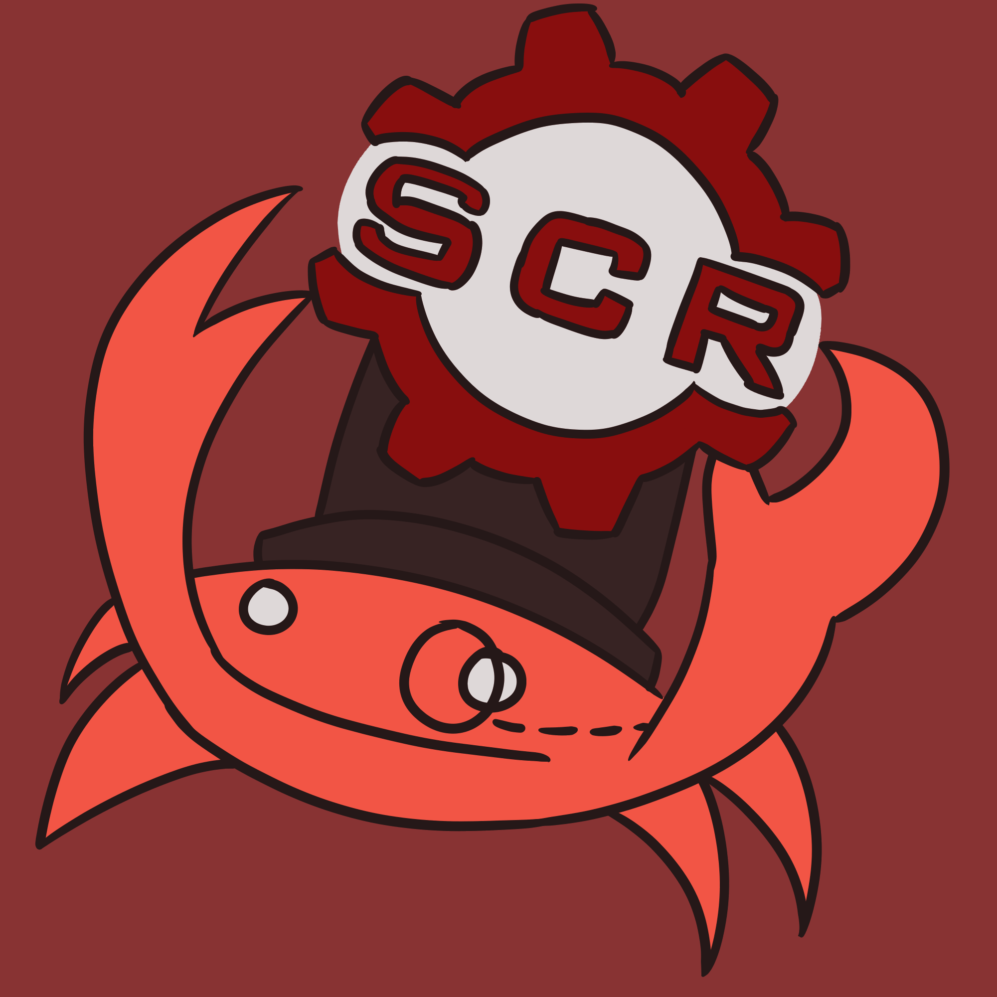 Scrabby with a red background holding the SCR logo